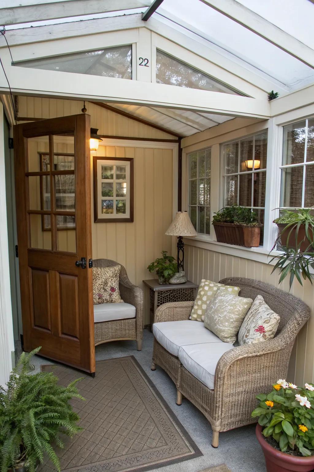 A small enclosed porch with a perfectly scaled compact furniture setup.