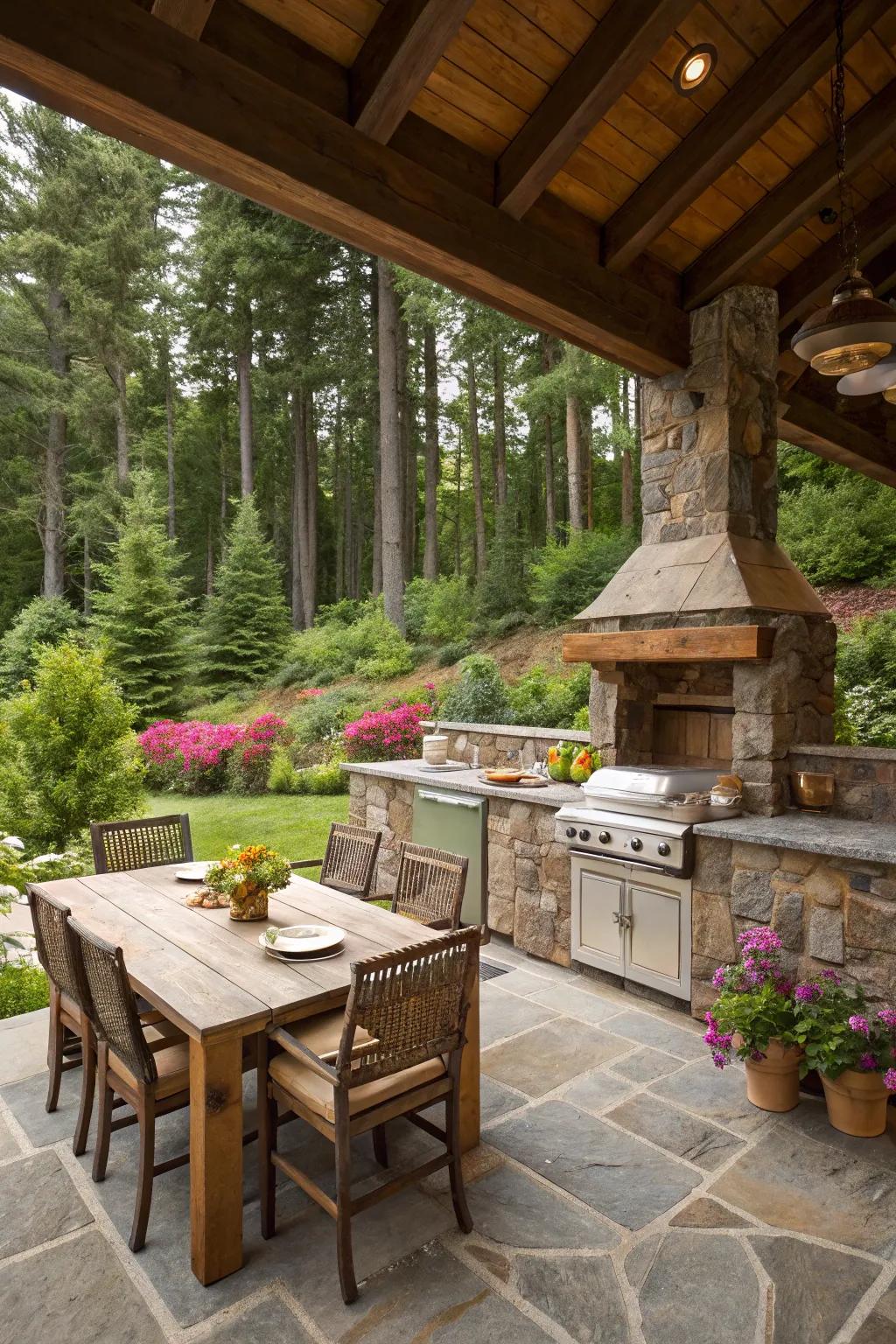 Elegant natural stone adds sophistication to an outdoor kitchen.