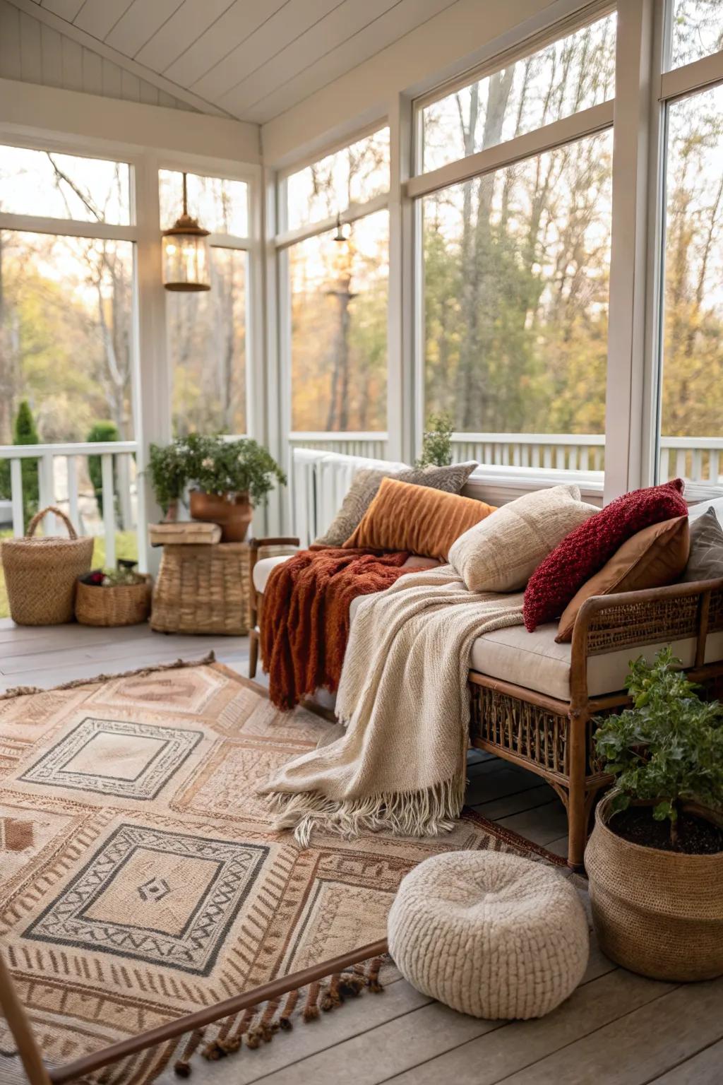 Rugs and textiles enhance the comfort and style of your porch.