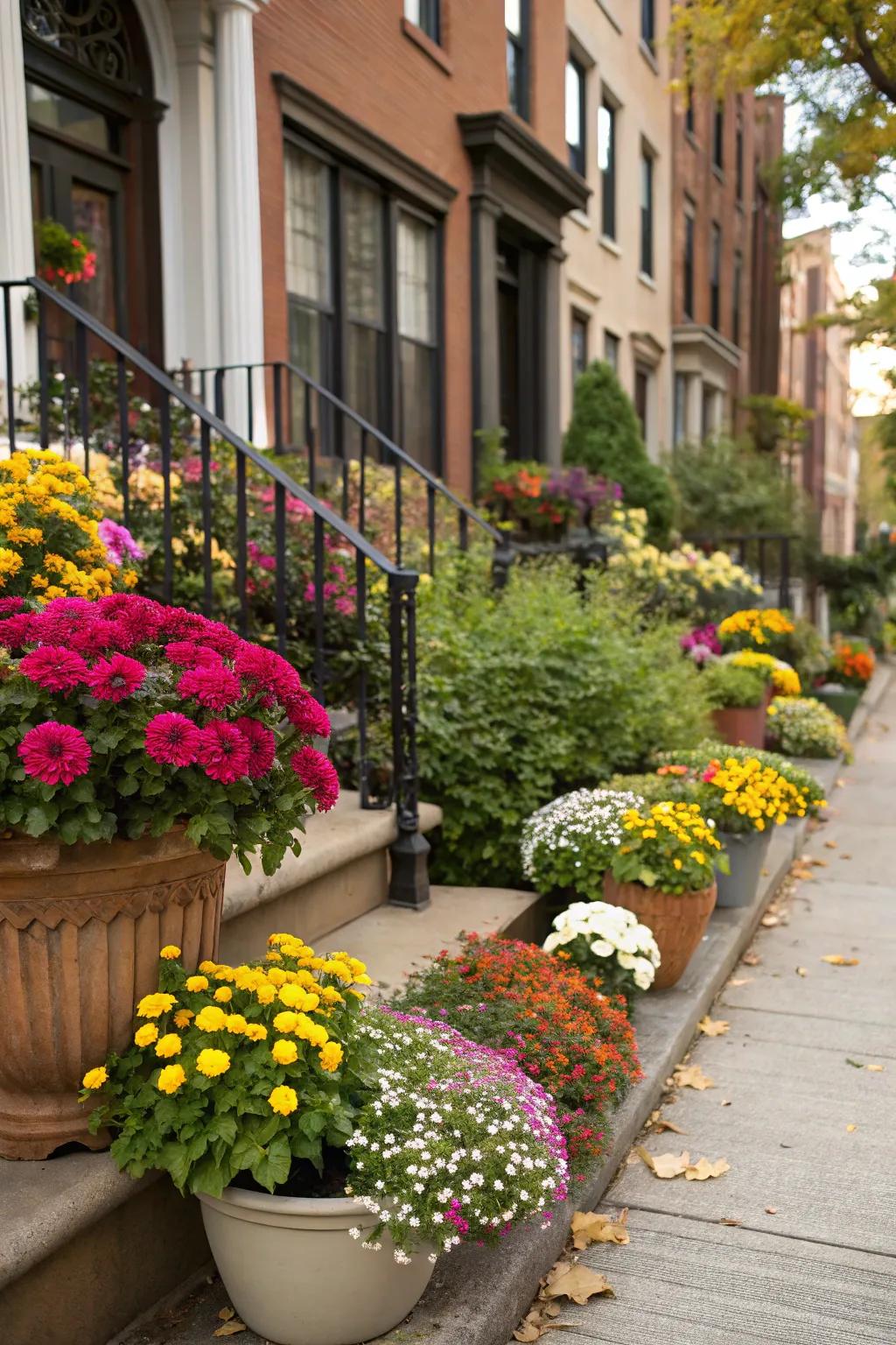 Container gardens add vibrant color and flexibility.