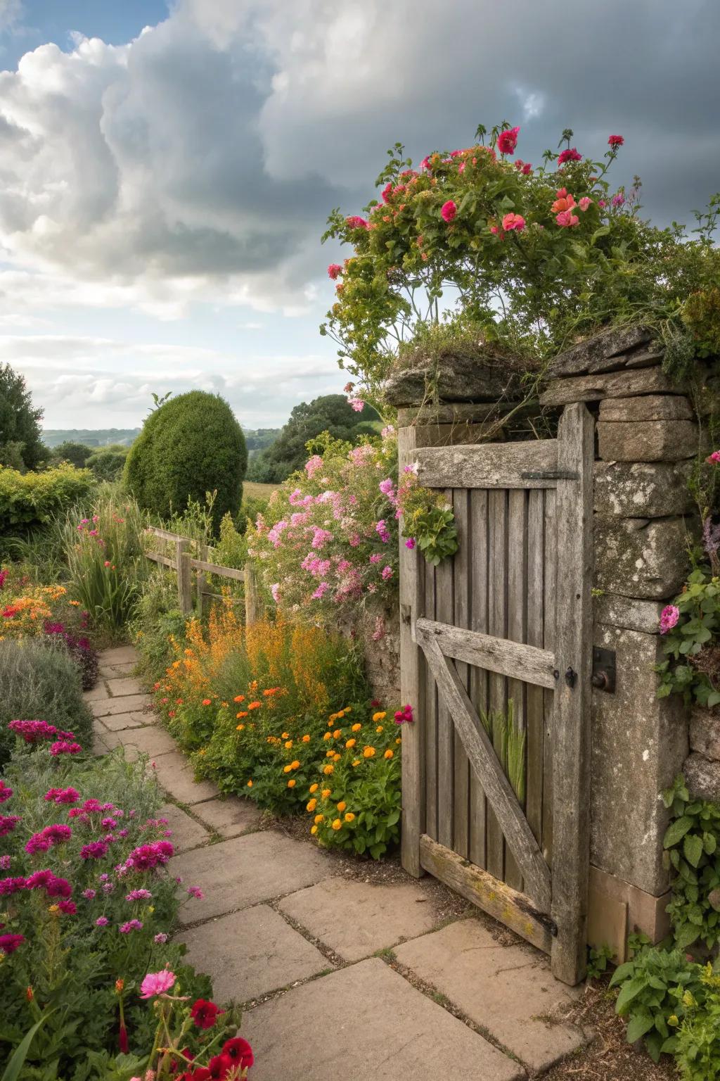 A welcoming wooden gate, enveloped by nature's blooms.