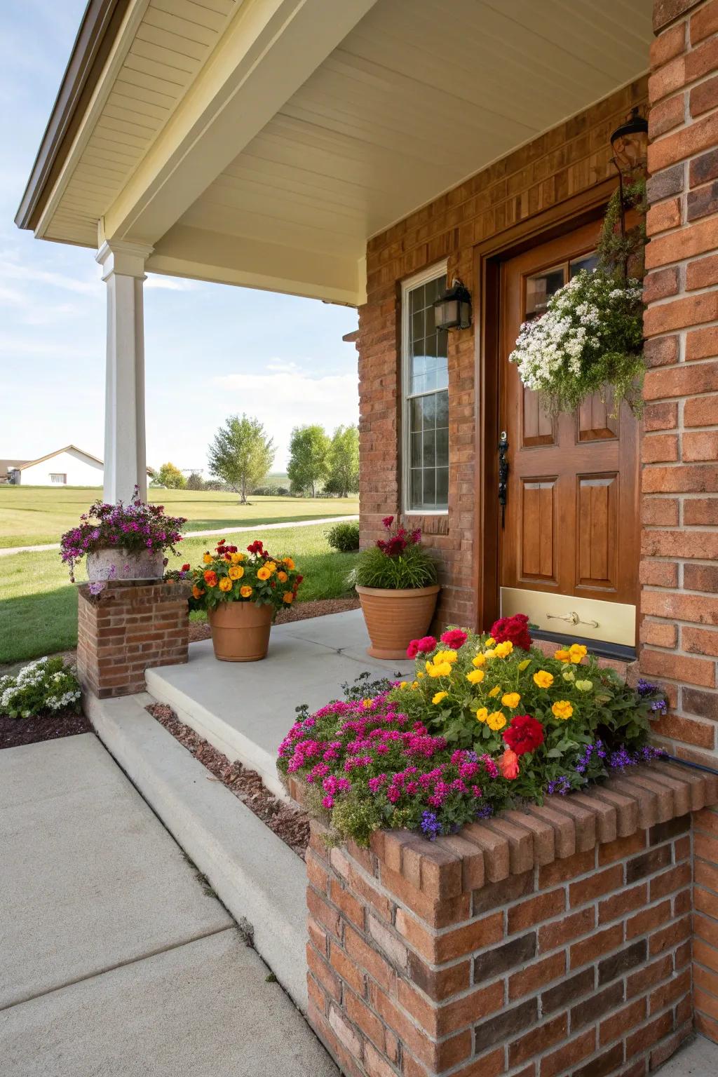 Brick planters filled with blooms add a natural touch.