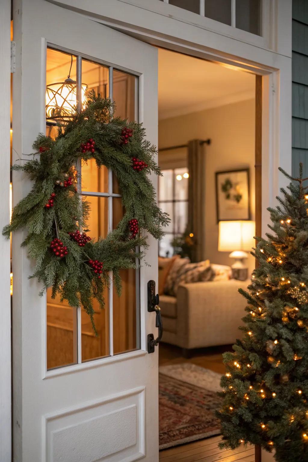 A decorative wreath adds a welcoming touch to any entrance door.