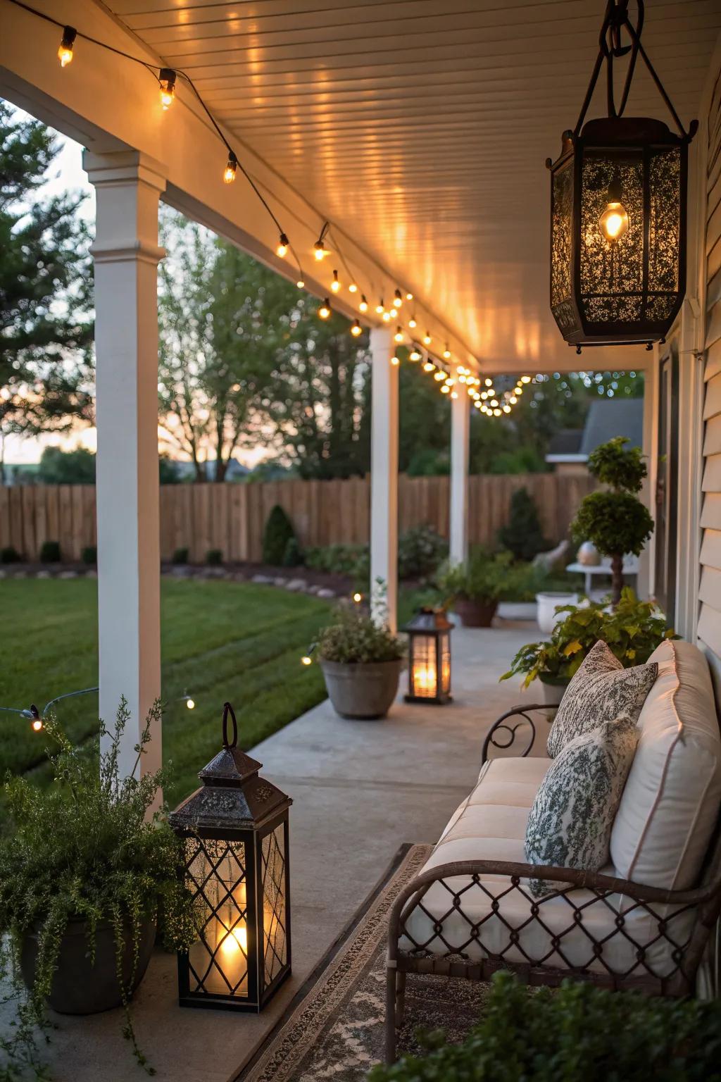 Stylish lighting transforms the porch ambiance