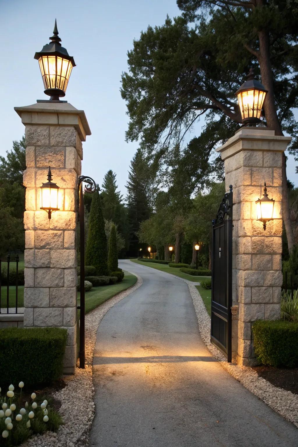 Lantern-style lights atop stone pillars create a warm and inviting entrance.