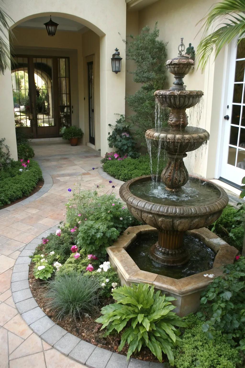 A water feature brings tranquility and elegance to your entrance.