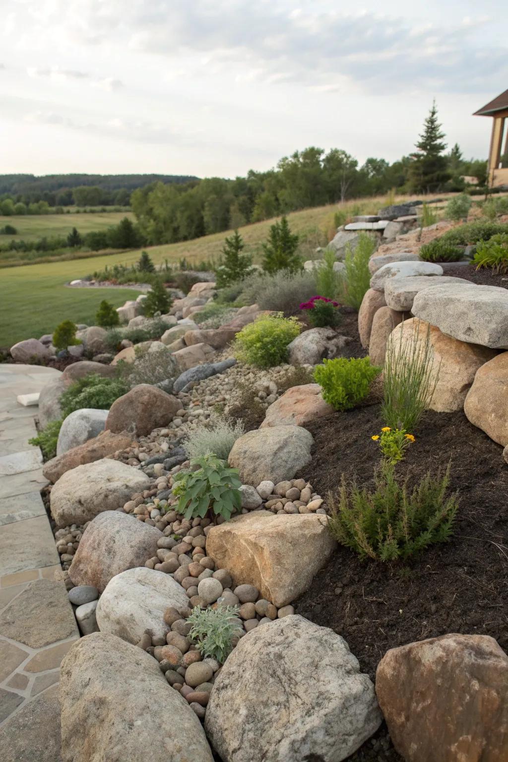 A beautifully arranged rock garden with erosion-controlling plants.