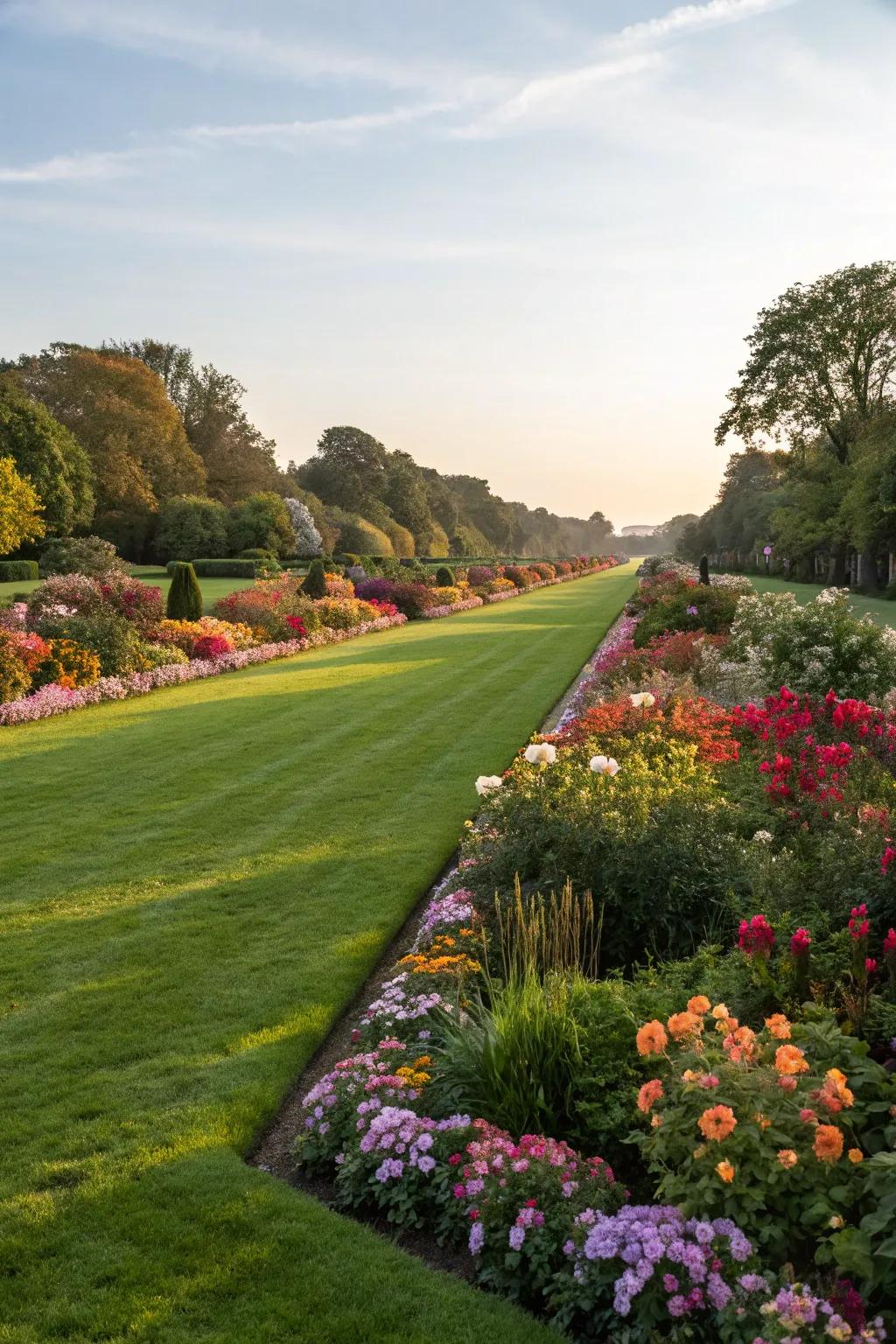 A perfectly maintained lawn surrounded by vibrant flower beds.