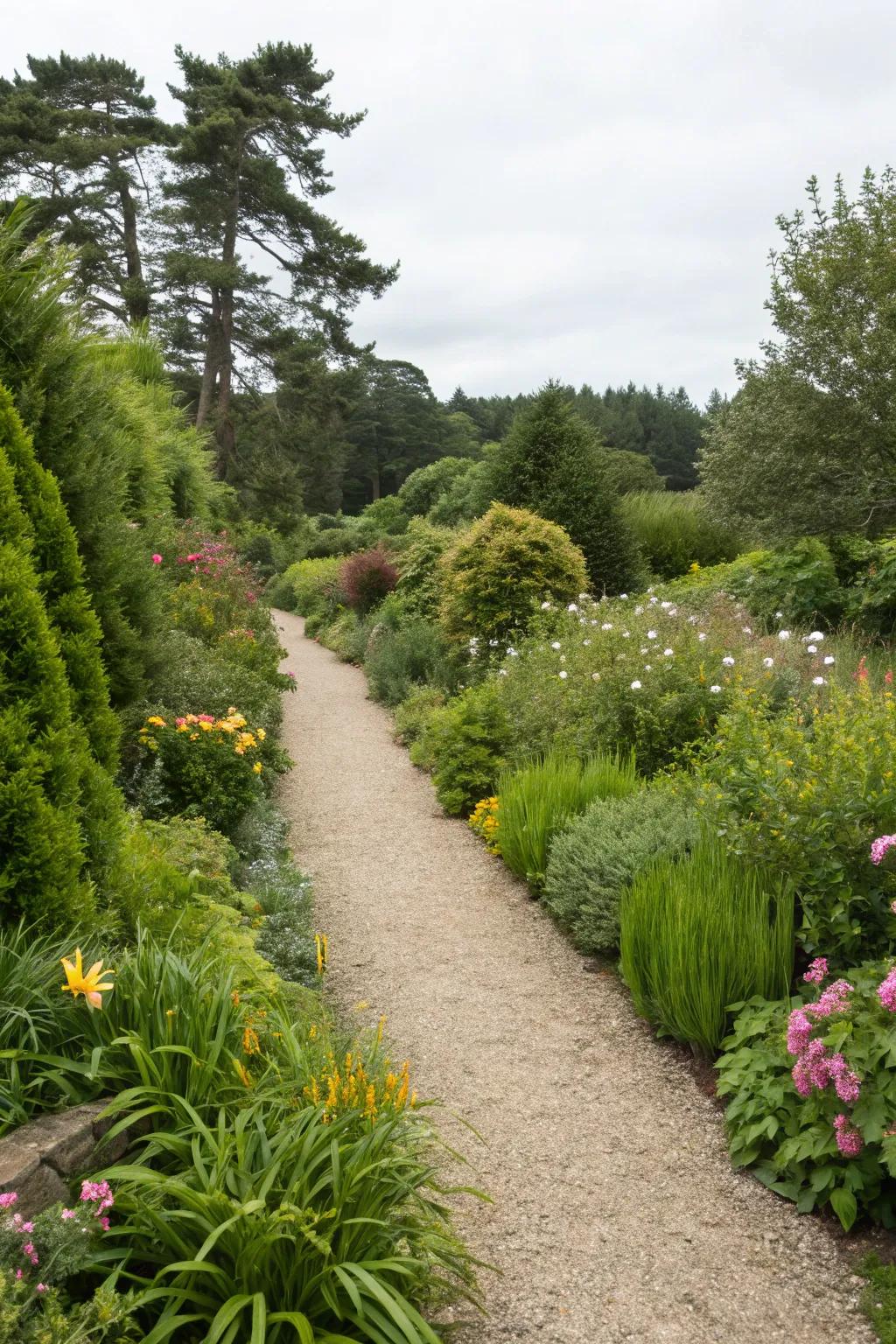 A stone pathway adds rustic charm to the garden.