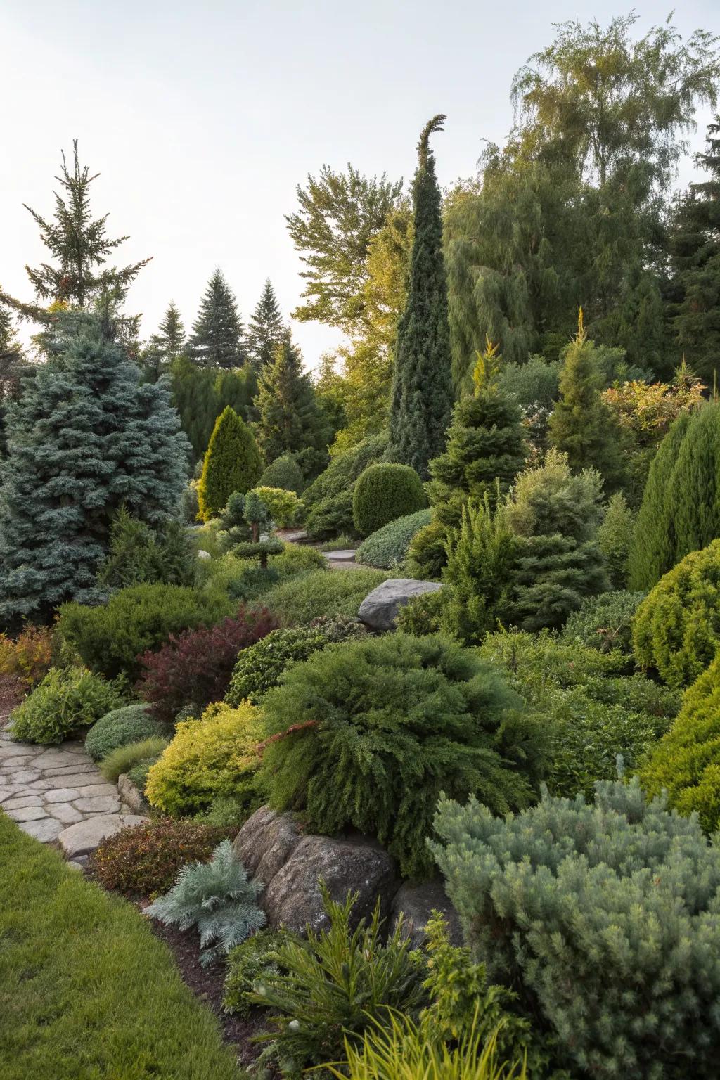 A mix of evergreen plants and shrubs creating a textured landscape.