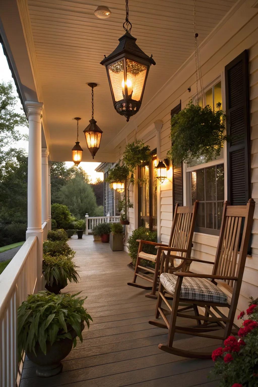 Evening charm: Decorative lanterns illuminate a front porch.