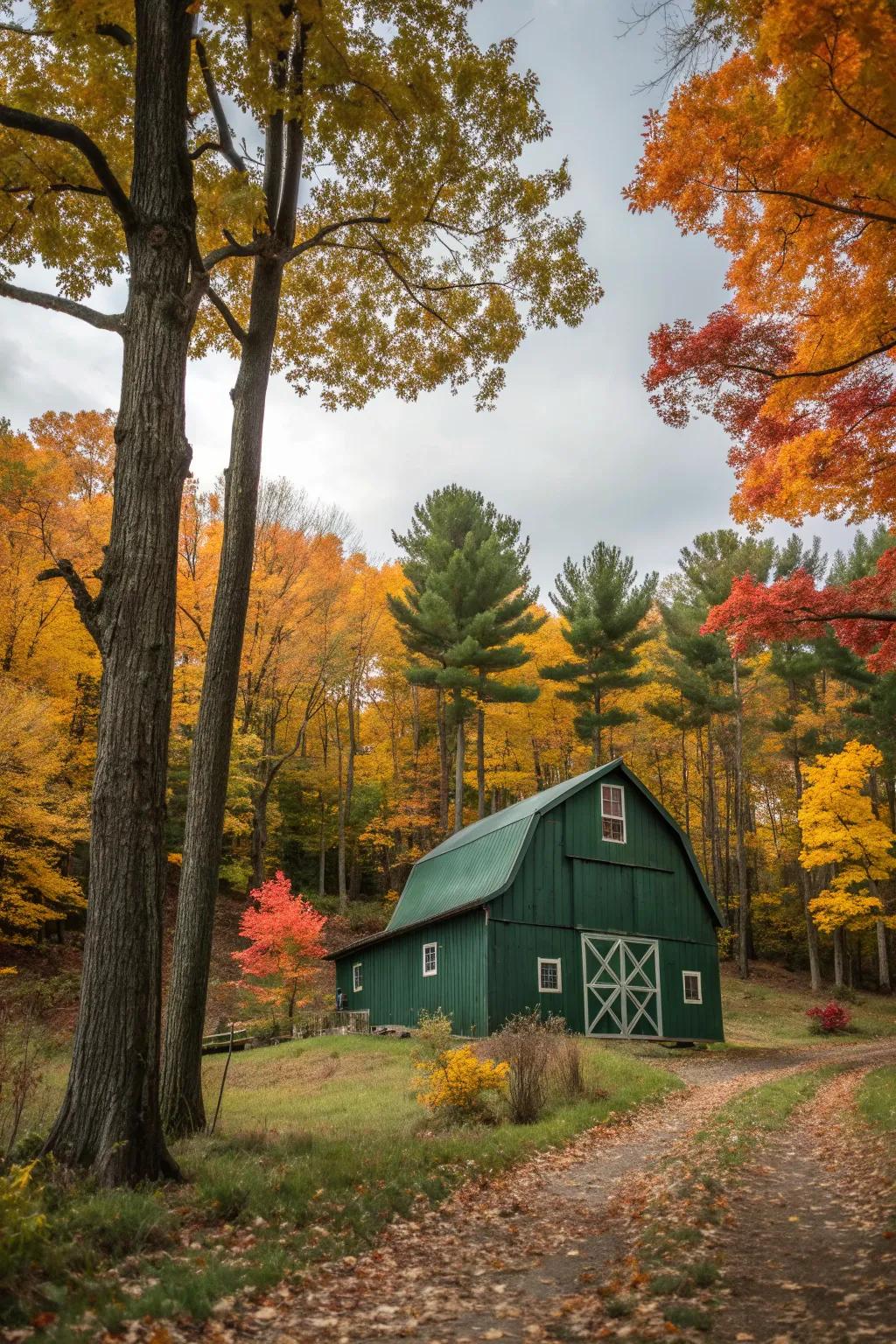 A hunter green barn harmonizes beautifully with nature.