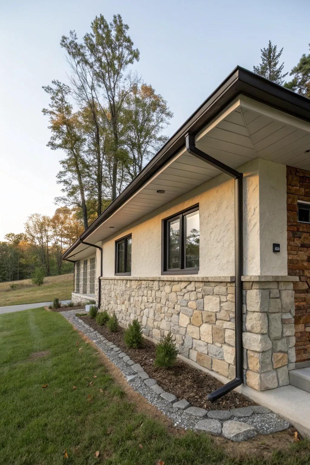 Natural stone accents lend an earthy, sophisticated look to this flat front house.