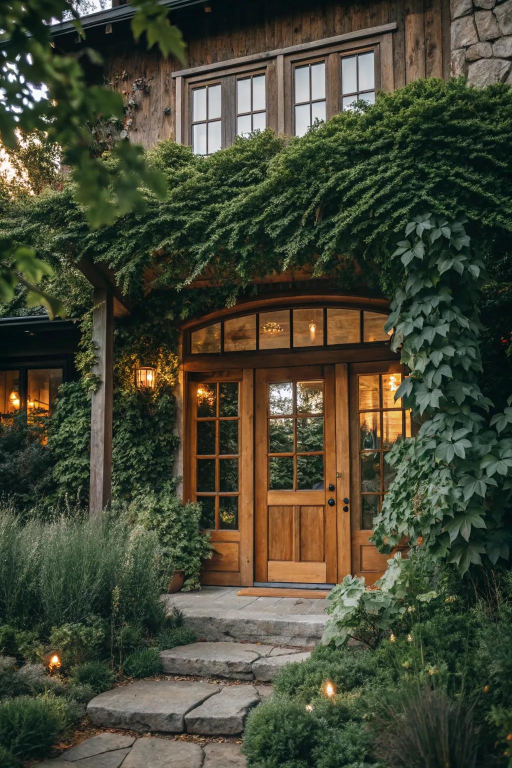 A rustic home entrance accentuated by warm wooden transom frames.