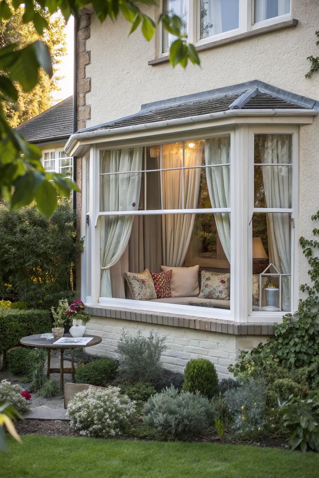 A bay window adds depth and a cozy nook to this home's facade.