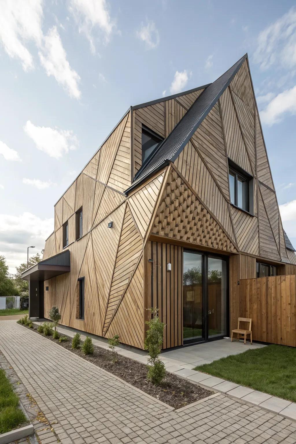 Home with geometric wood cladding patterns