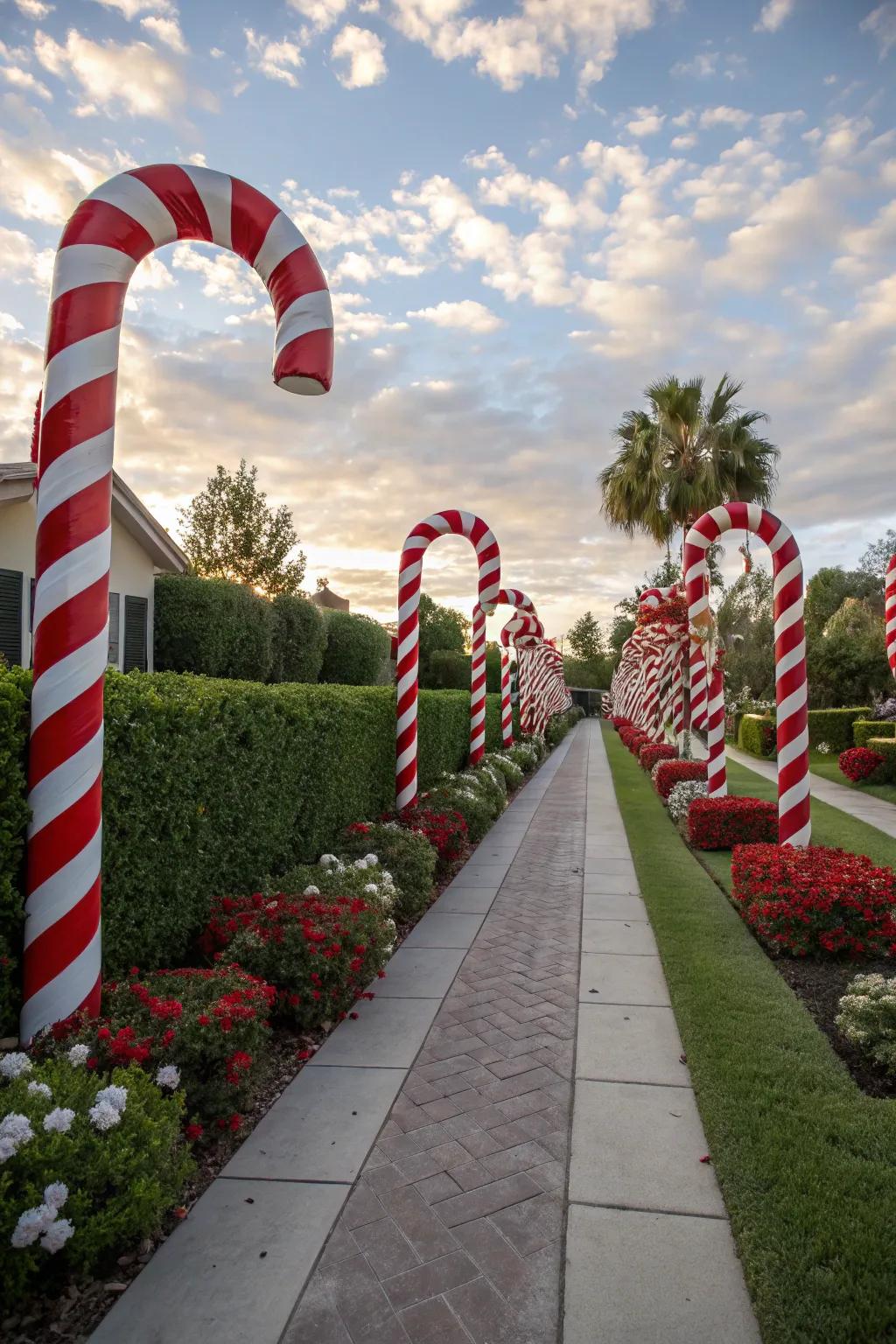 Large candy canes create a whimsical path to your door.