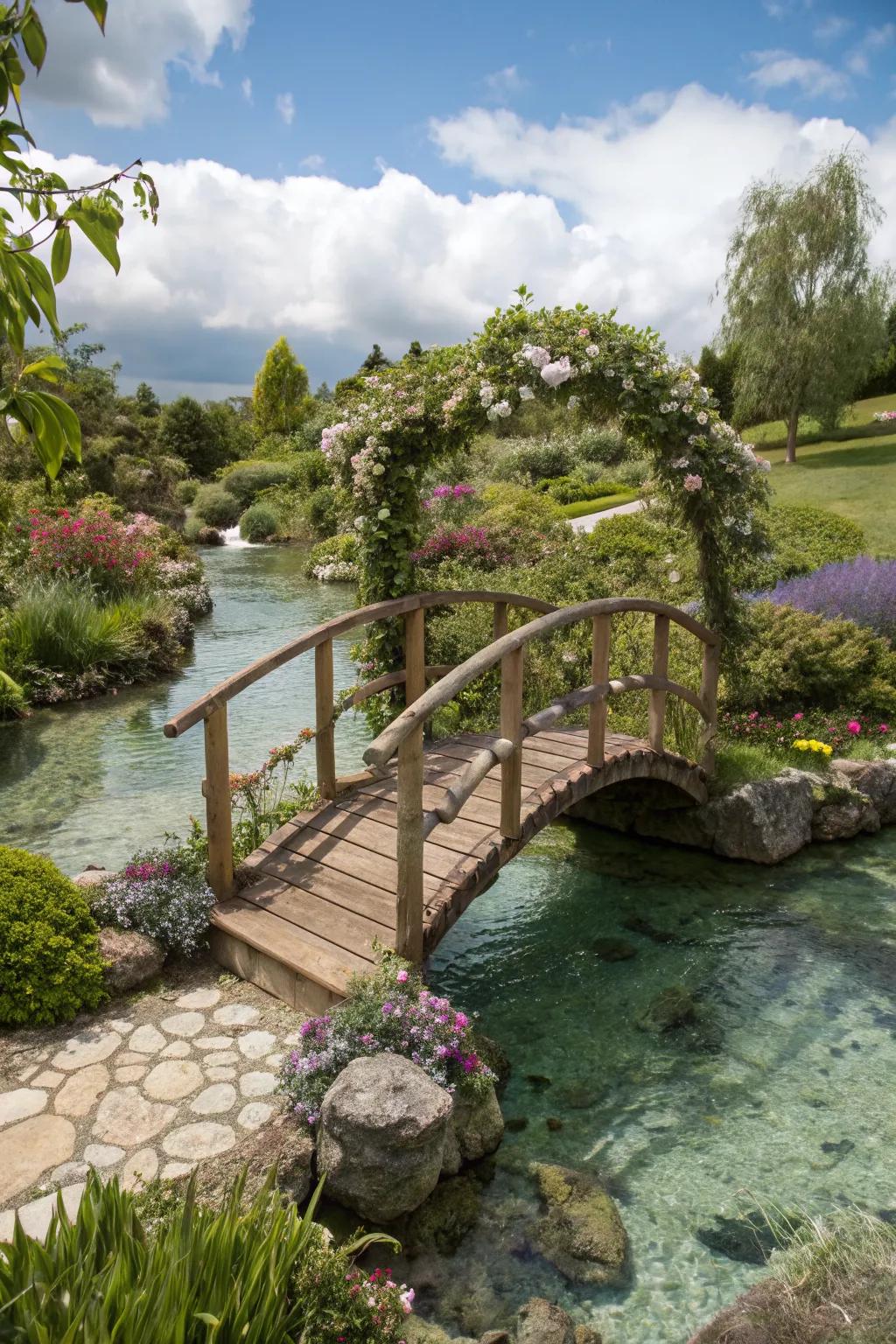 A delicate wooden bridge crossing a sparkling stream in a fairy garden.