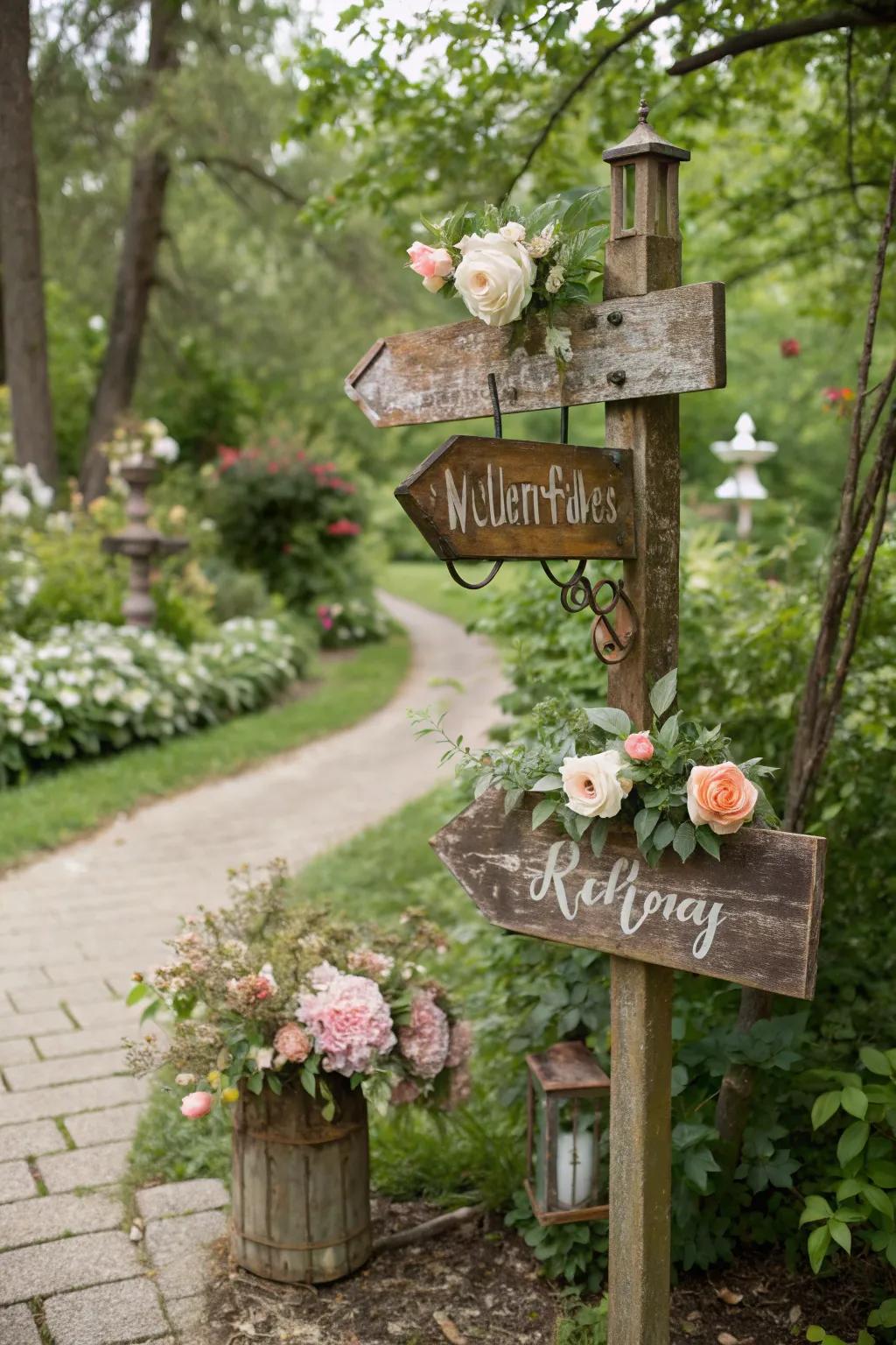 Rustic wooden and metal signs in a charming garden setting.