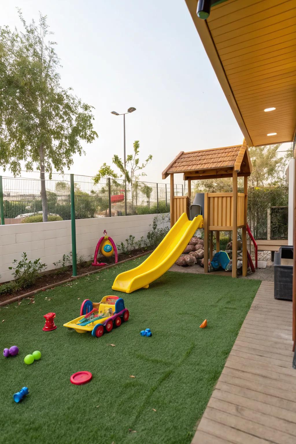 A kid-friendly play zone with artificial grass.