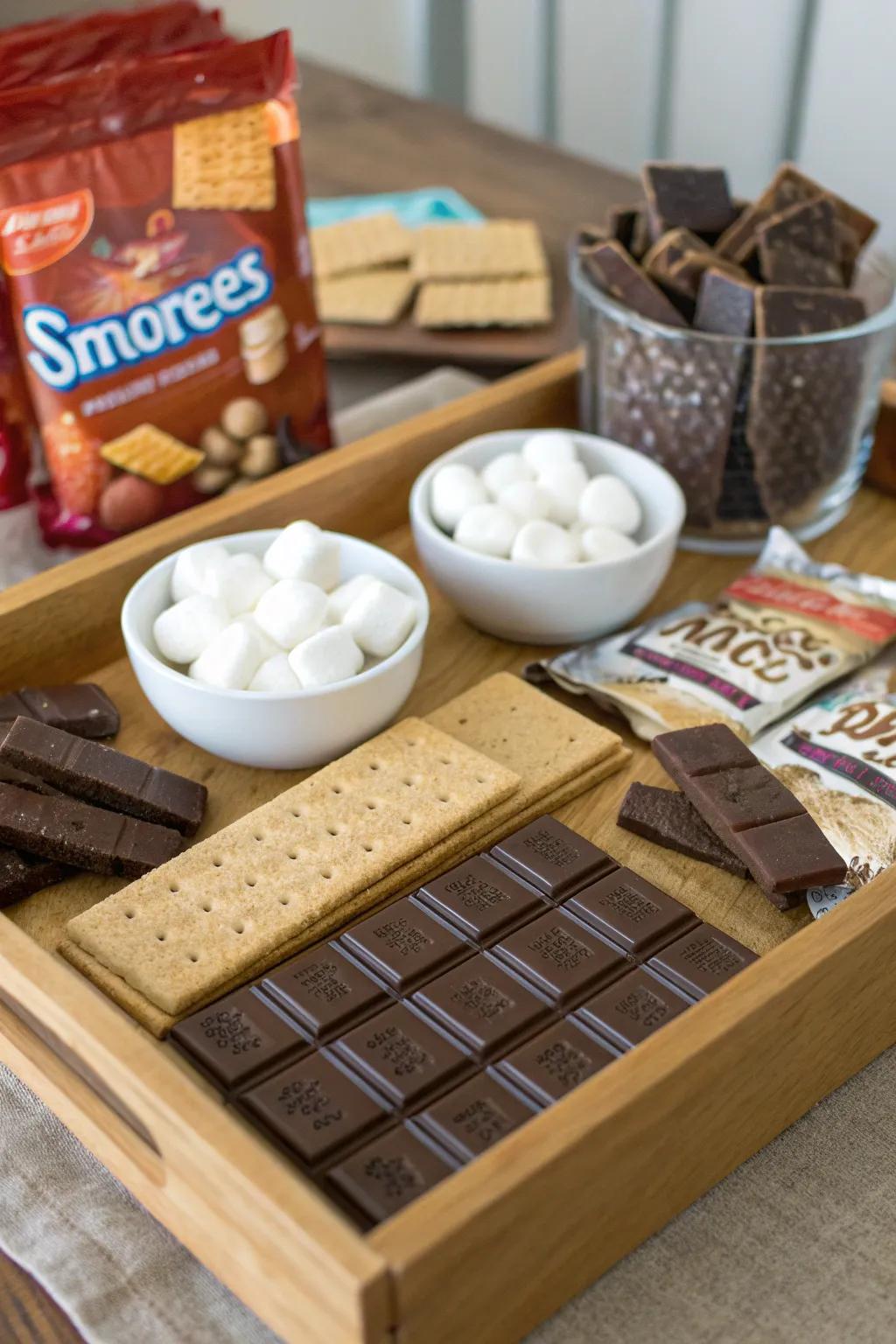 A delightful s'mores bar with assorted chocolates, marshmallows, and graham crackers.