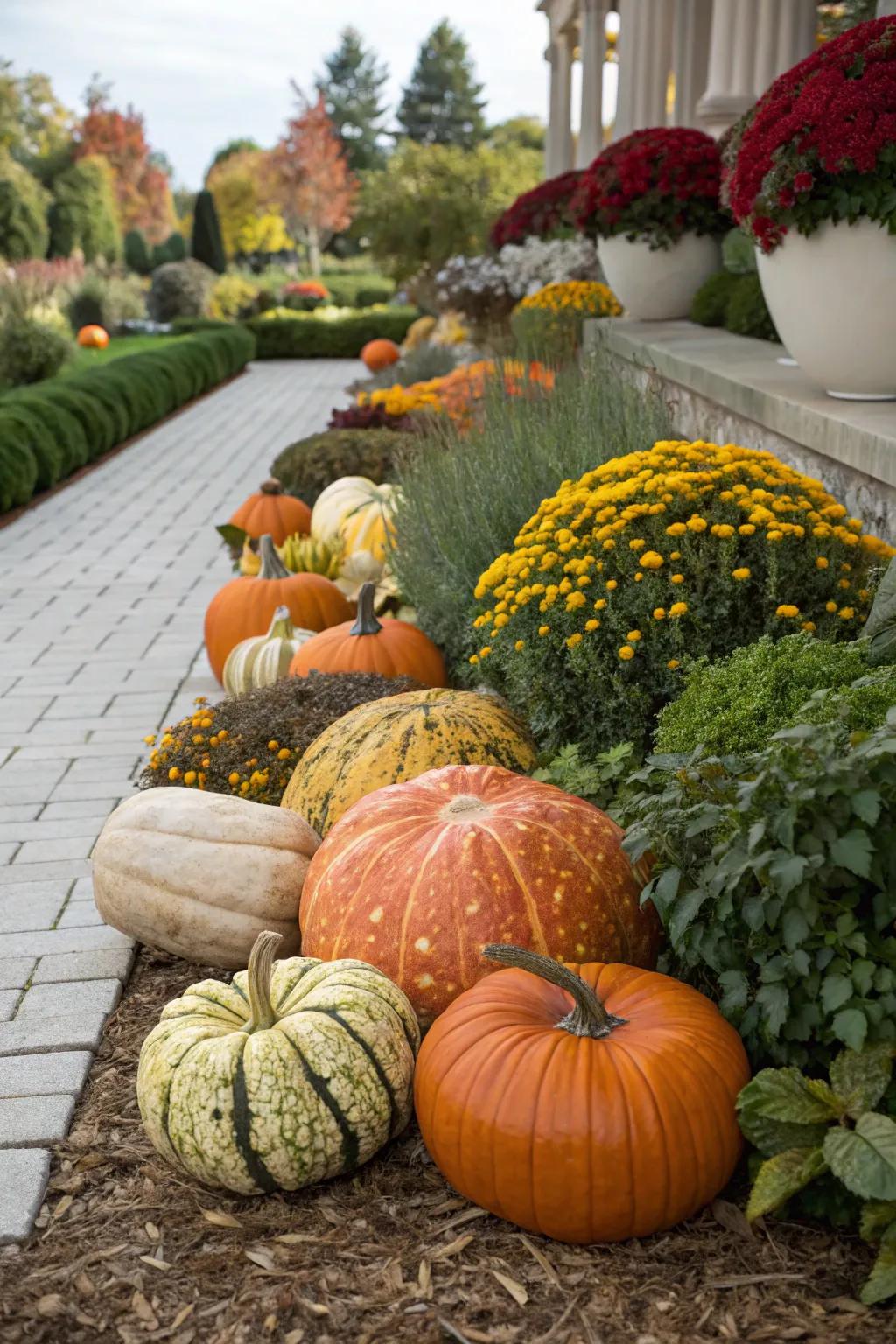 A mix of gourds and pumpkins creates a vibrant, textured border.