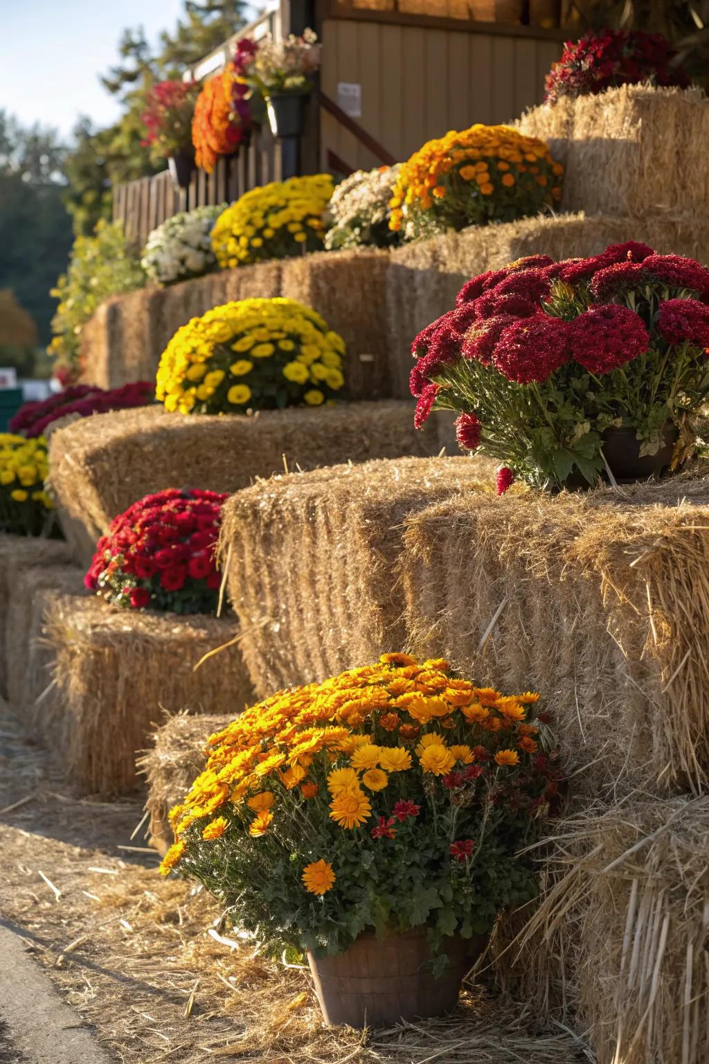 Add a burst of color with fall flowers on hay bales.