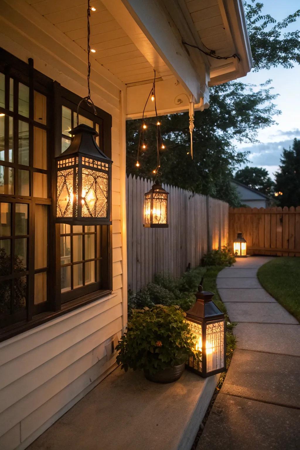 Lanterns create a warm and inviting glow on a fall evening.