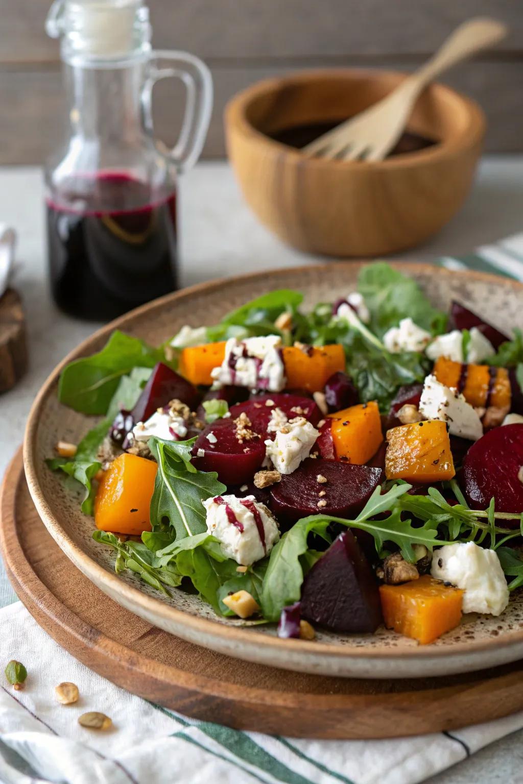 A visually stunning beet and goat cheese salad, bursting with flavor.