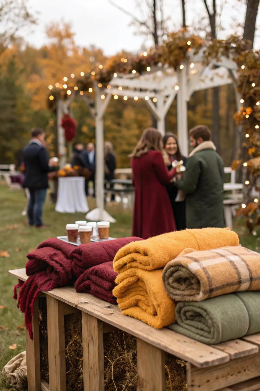 Cozy blankets provided for guests at a fall wedding.