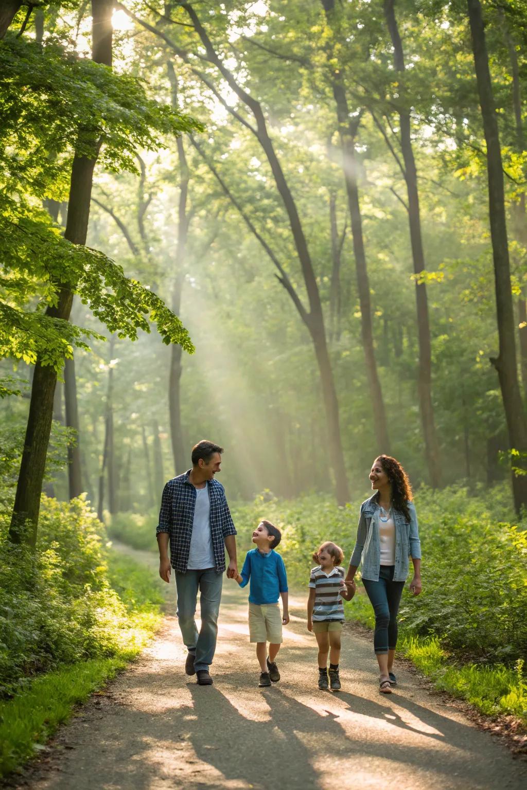 Forest walk with family, embracing nature's calmness.