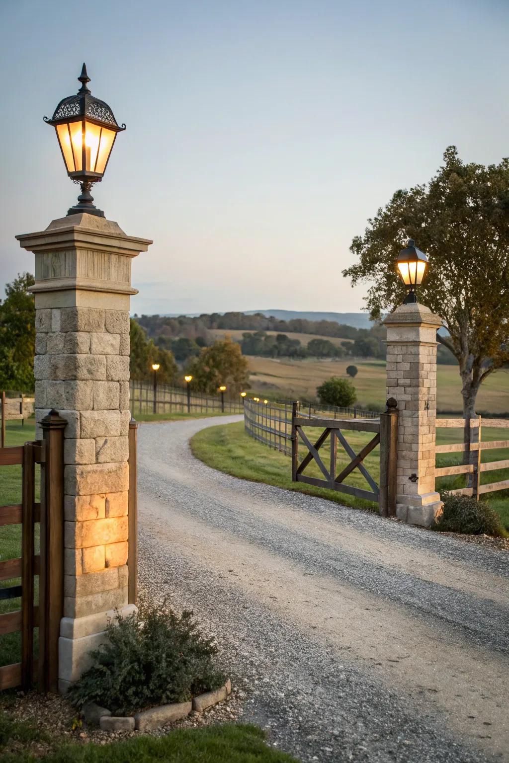 Stone posts creating an elegant and welcoming entrance.