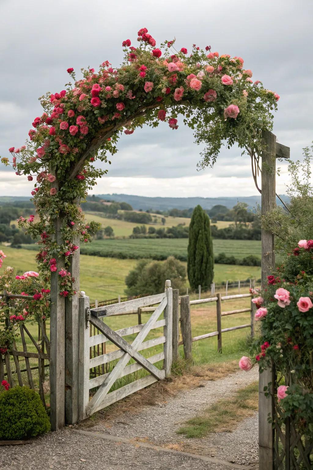 An elegant arch crowned with roses, offering a picturesque entry to the farm.