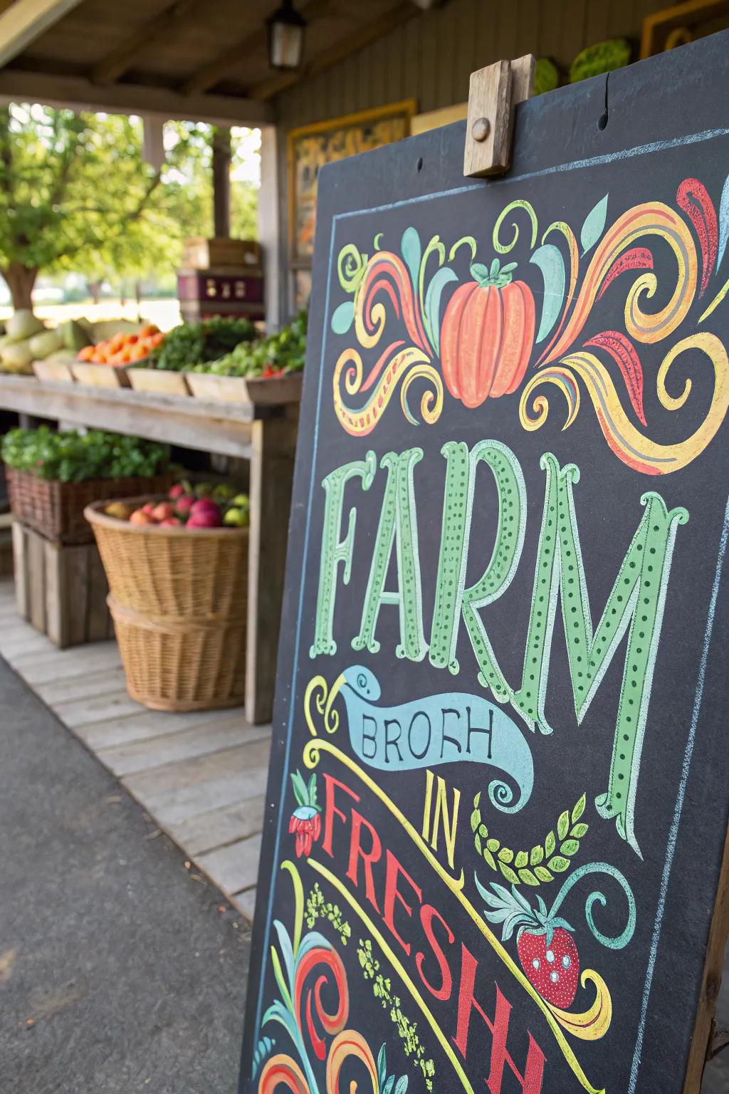 A hand-painted sign adds artistic flair to the farm stand.