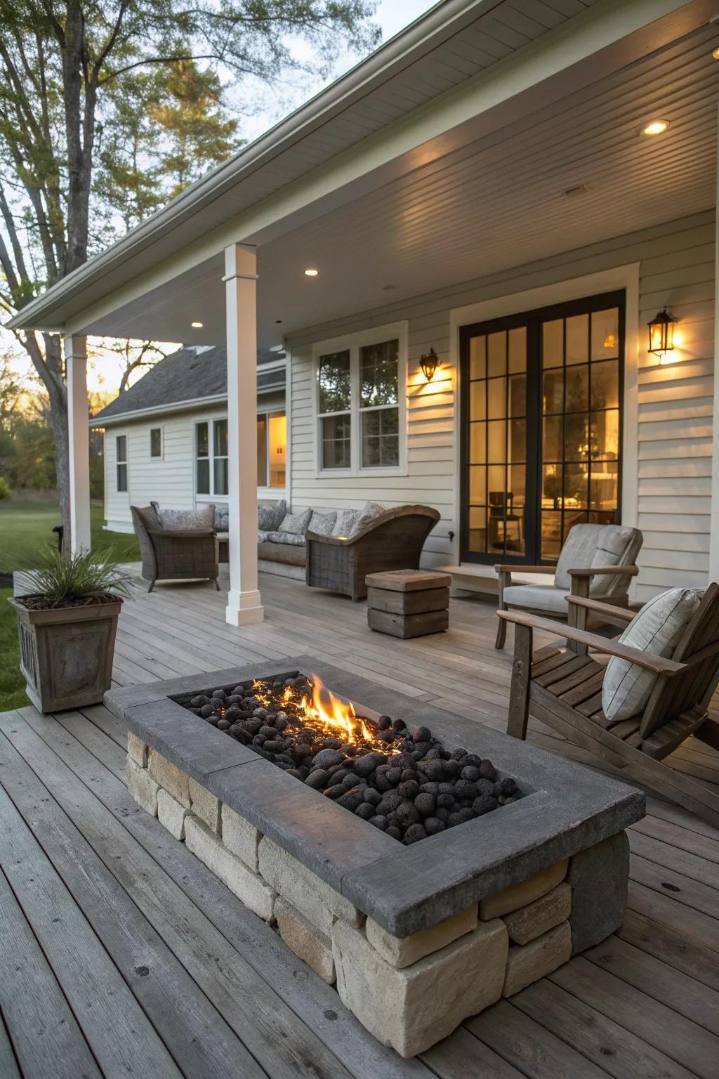 A fire pit becomes a cozy focal point for your porch.