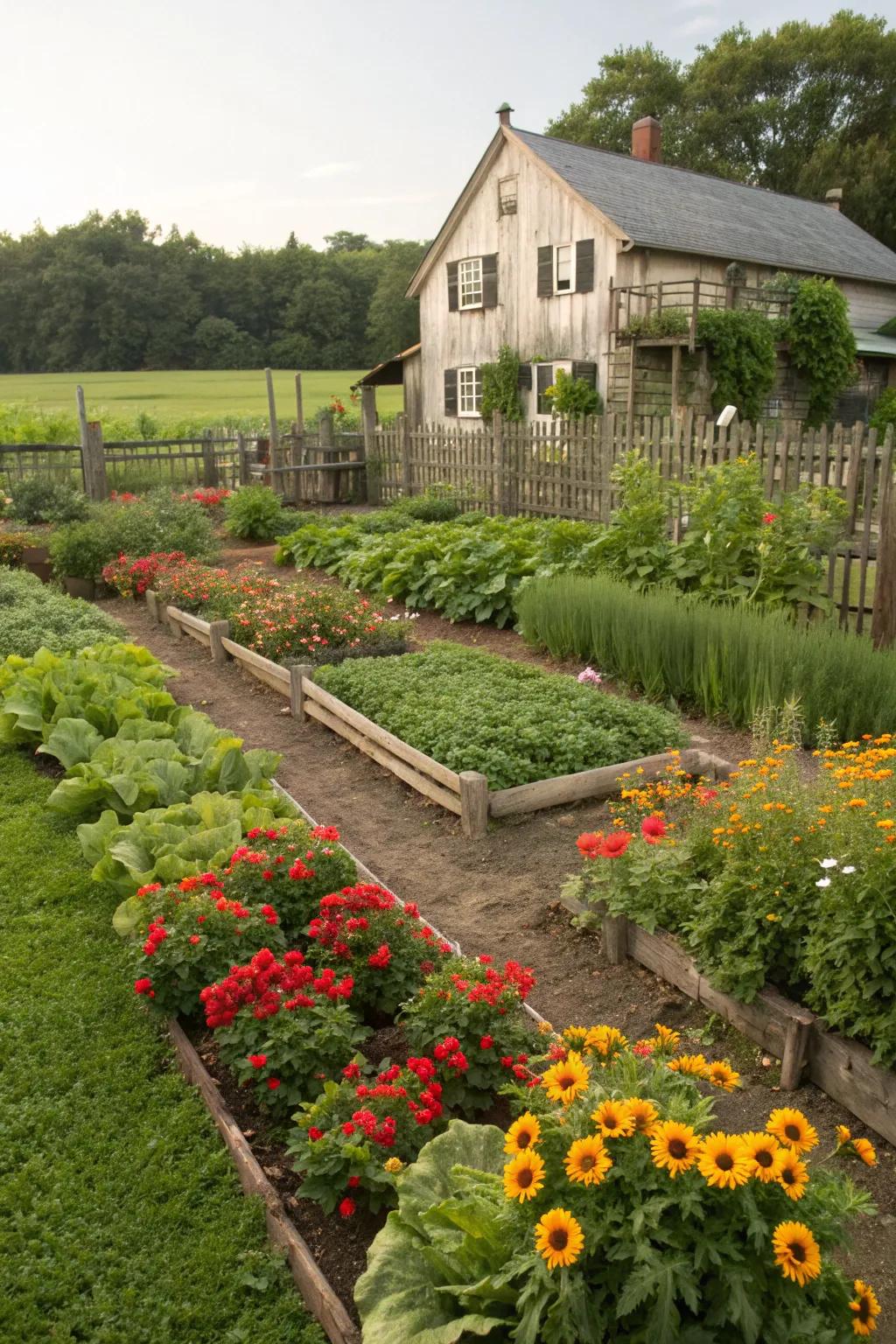 Lush garden beds bursting with color and life