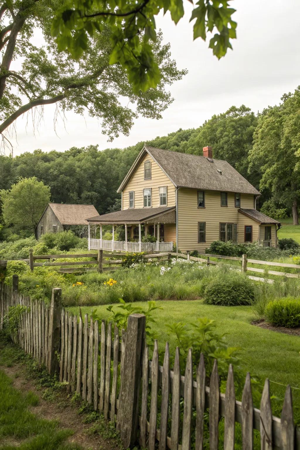 A natural color palette enhances the farmhouse's connection to nature.