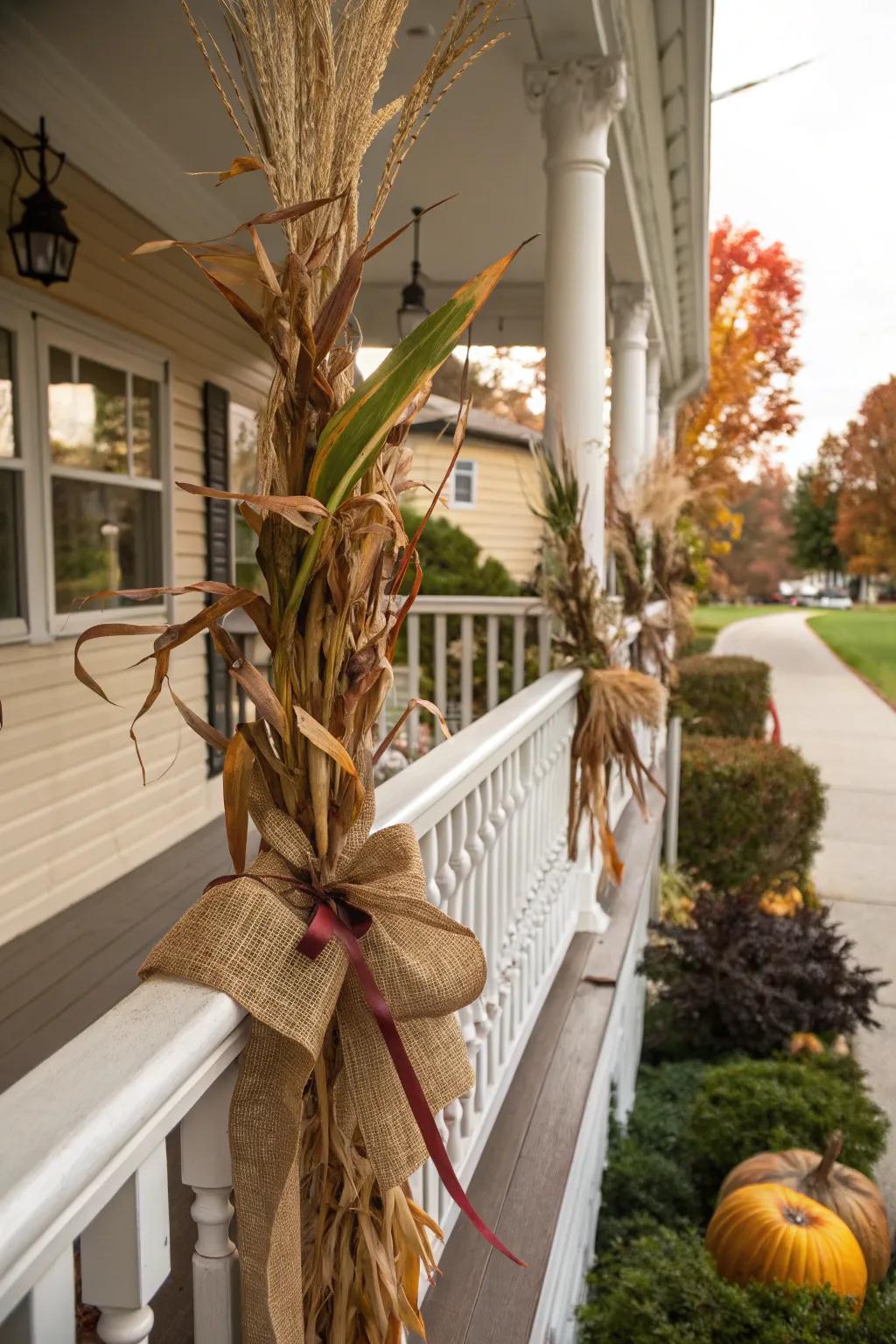 Cornstalks add a rustic touch to porch decor.