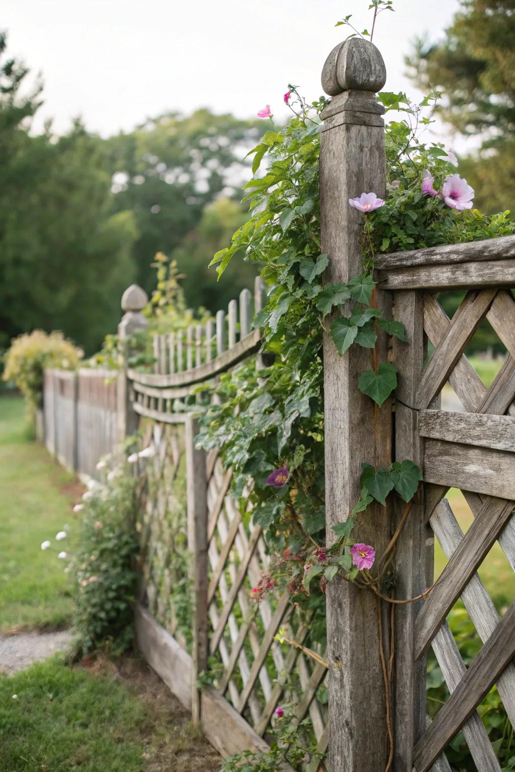 A lattice-topped fence provides privacy and a place for plants.