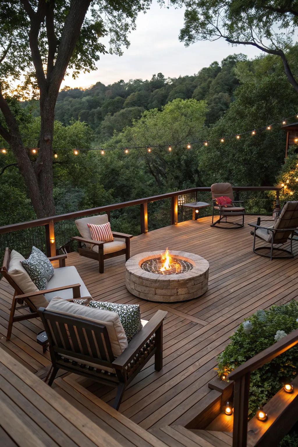 A fire pit as the focal point of a wooden deck.