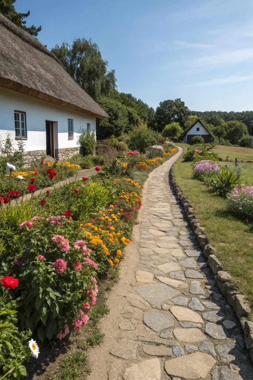 A stone-edged pathway beautifully bordered by colorful flower beds adds structure and charm.