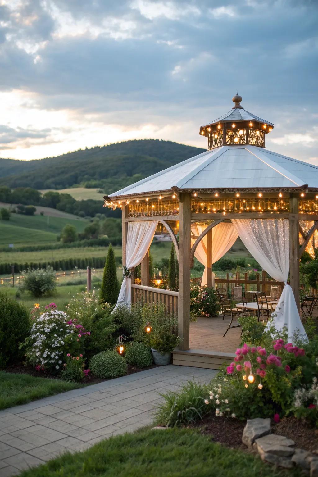String lights transform this gazebo into a cozy, enchanted space.