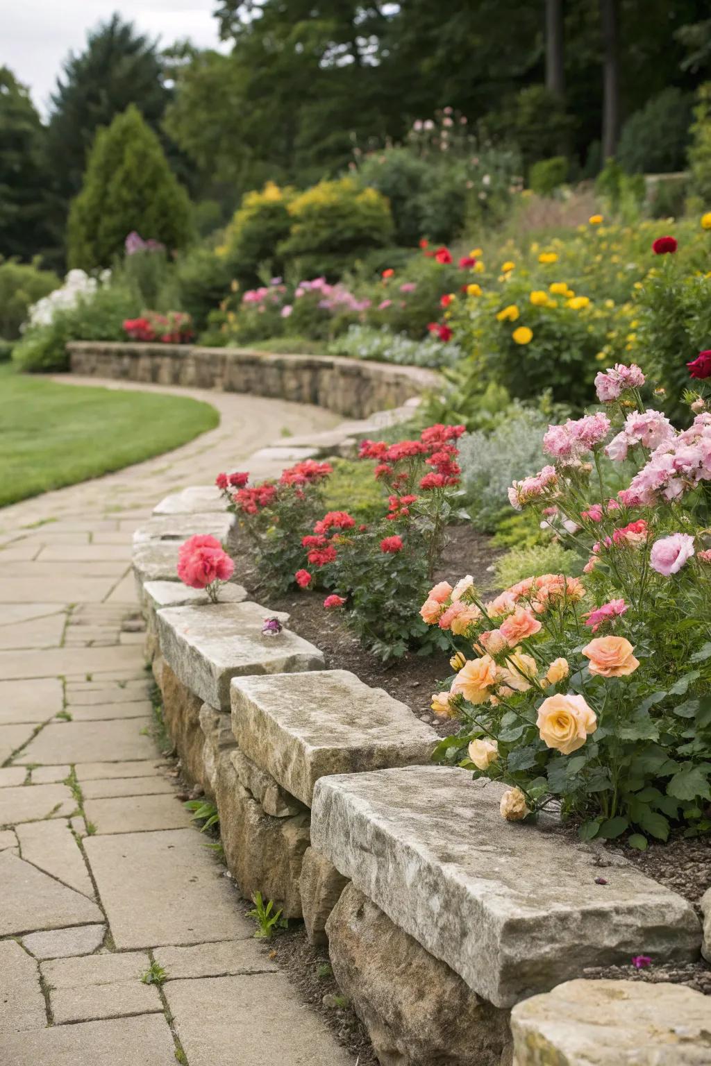 Natural stones elegantly define this vibrant flower bed.