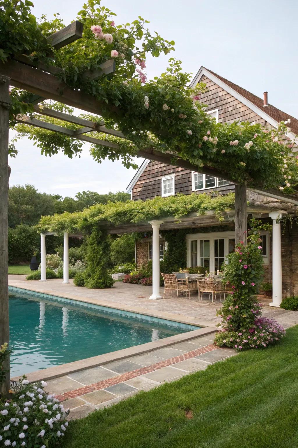 A pergola adds shade and elegance to a farmhouse pool.