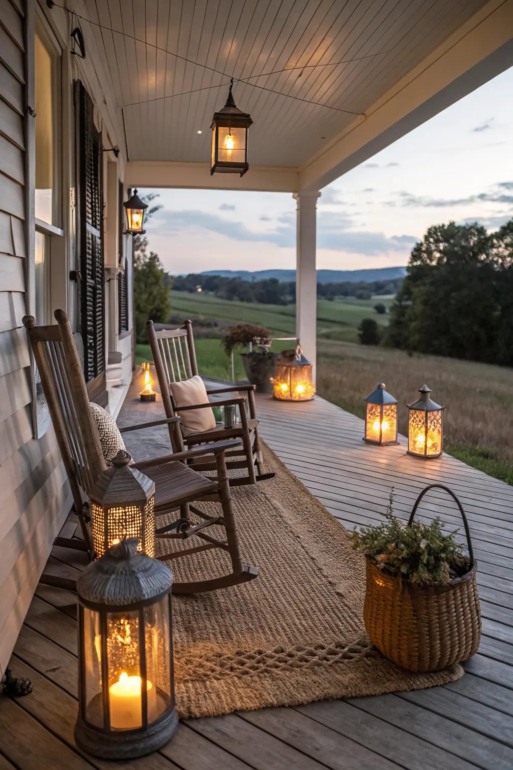 Lanterns create a warm and inviting glow on your farmhouse porch.