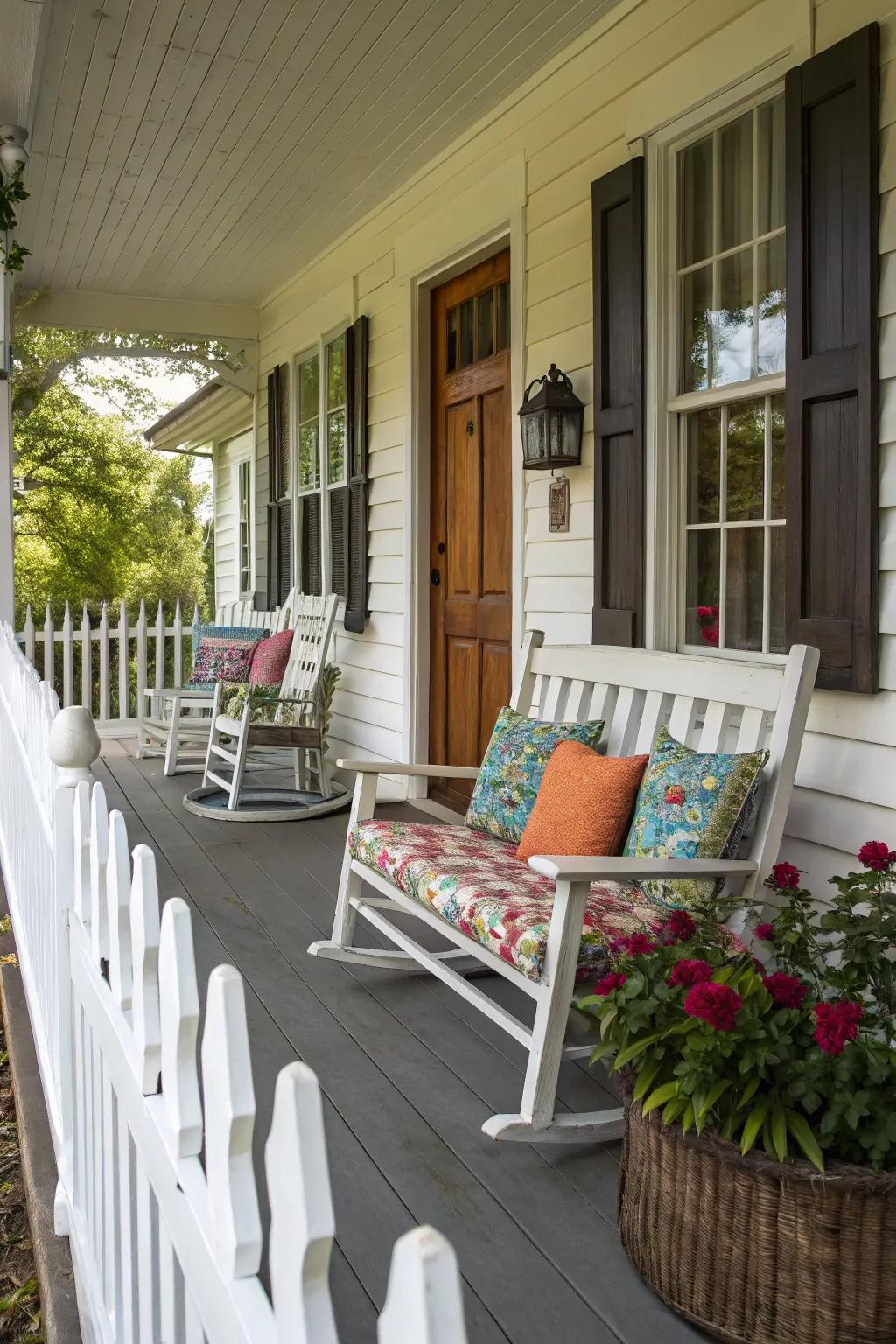 Cozy seating with rocking chairs and cushions.