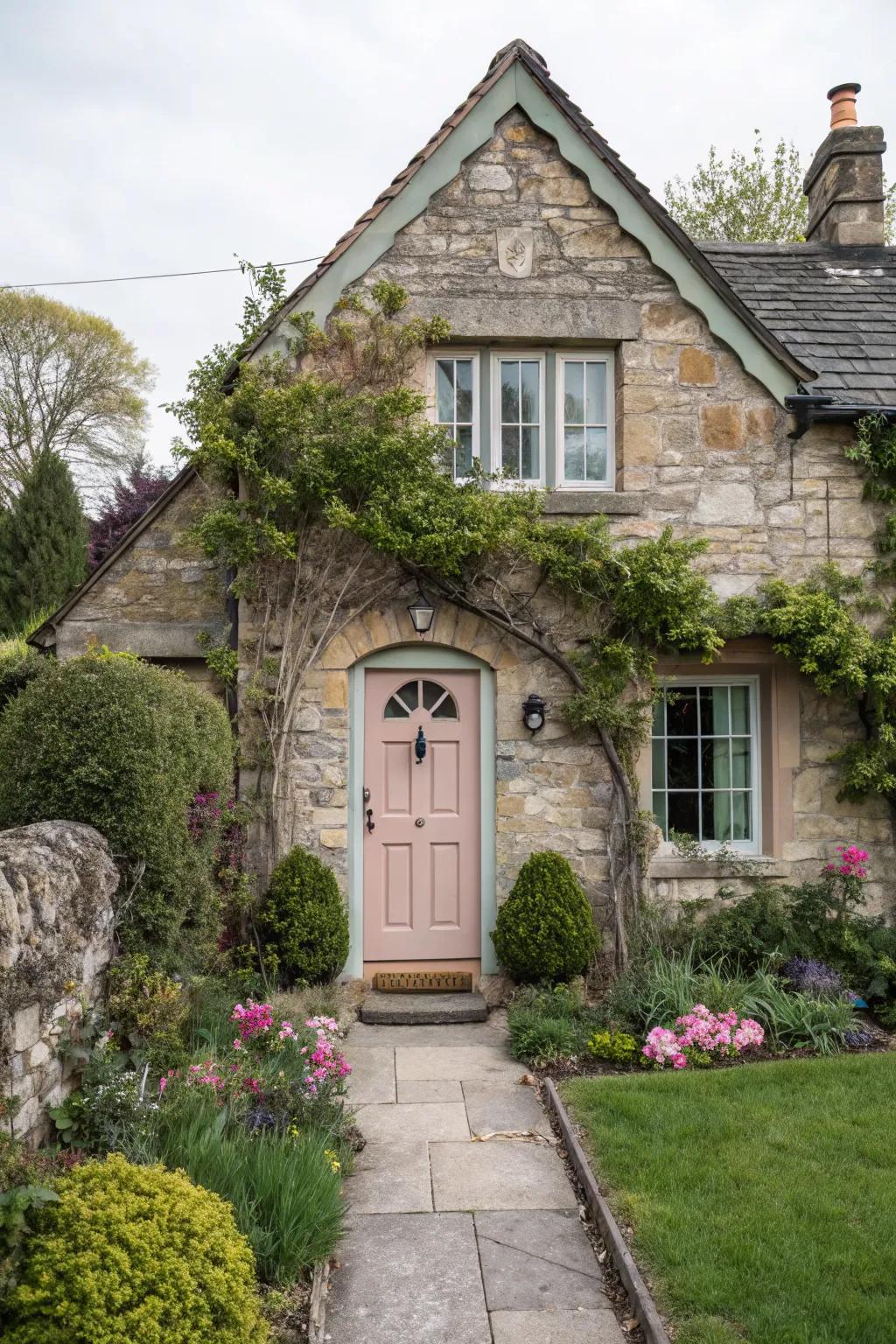 Cottage garden charm with faux stone siding