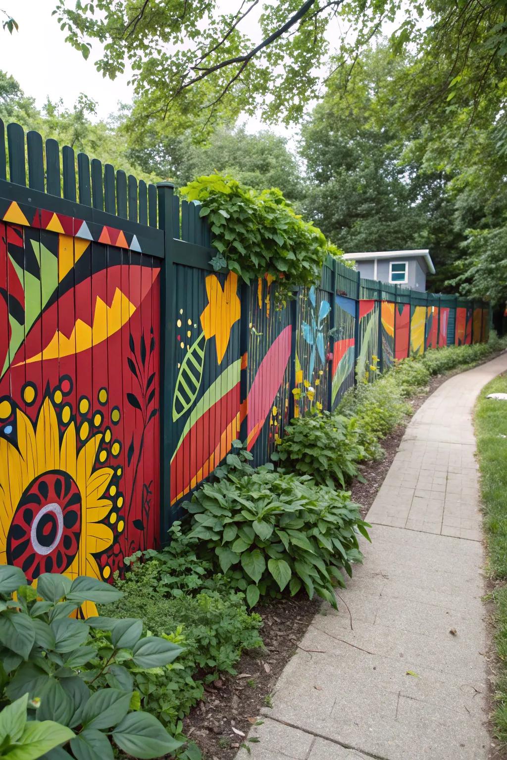 A colorful mural bringing life and personality to a fence.