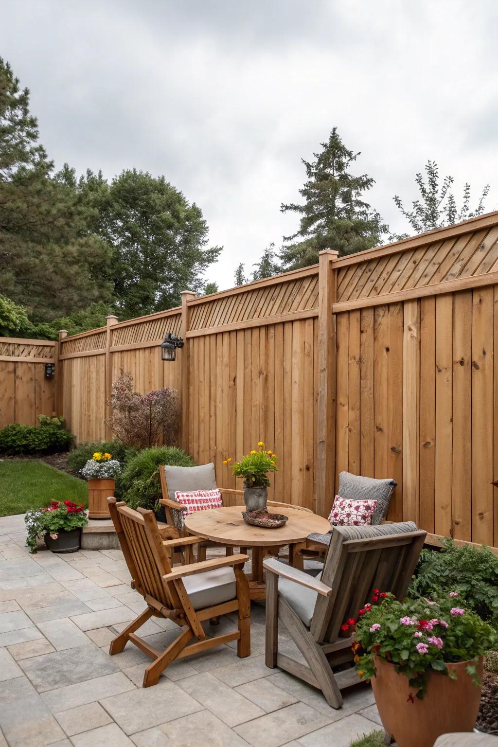 Tall wooden fences offer privacy and a peaceful retreat.