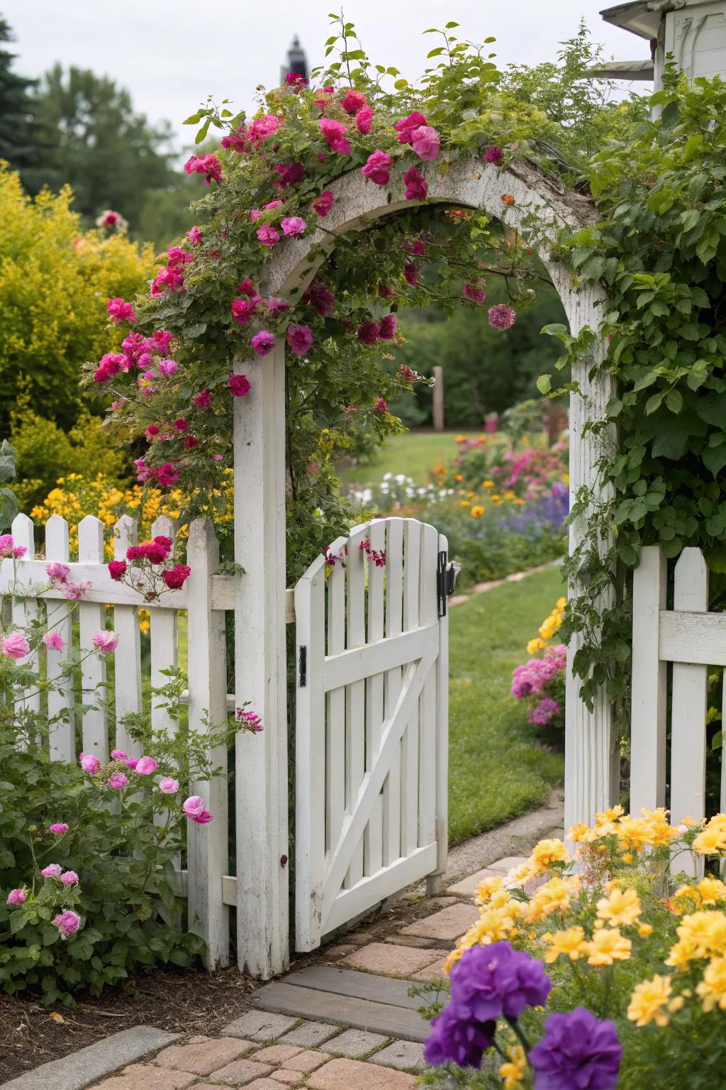 A white picket gate offers a charming, classic garden look.